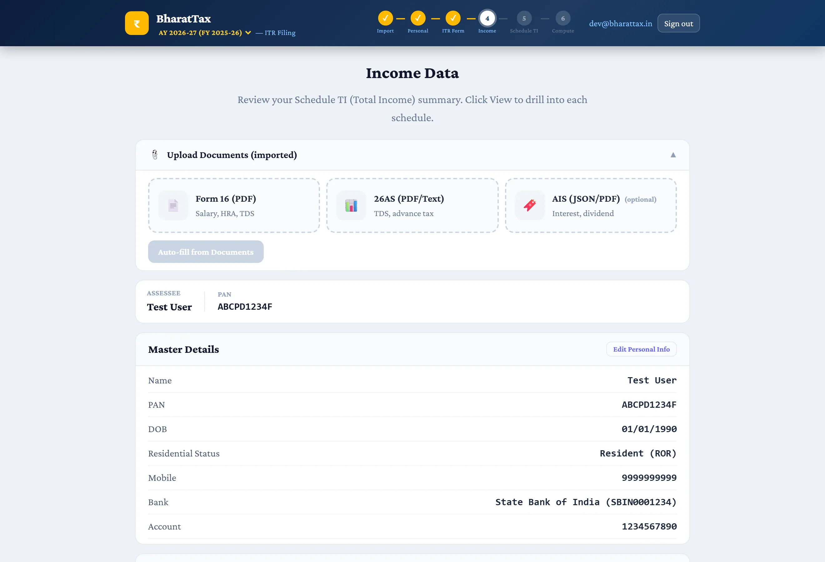 The income data screen with the upload tiles for Form 16, Form 26AS and the AIS.