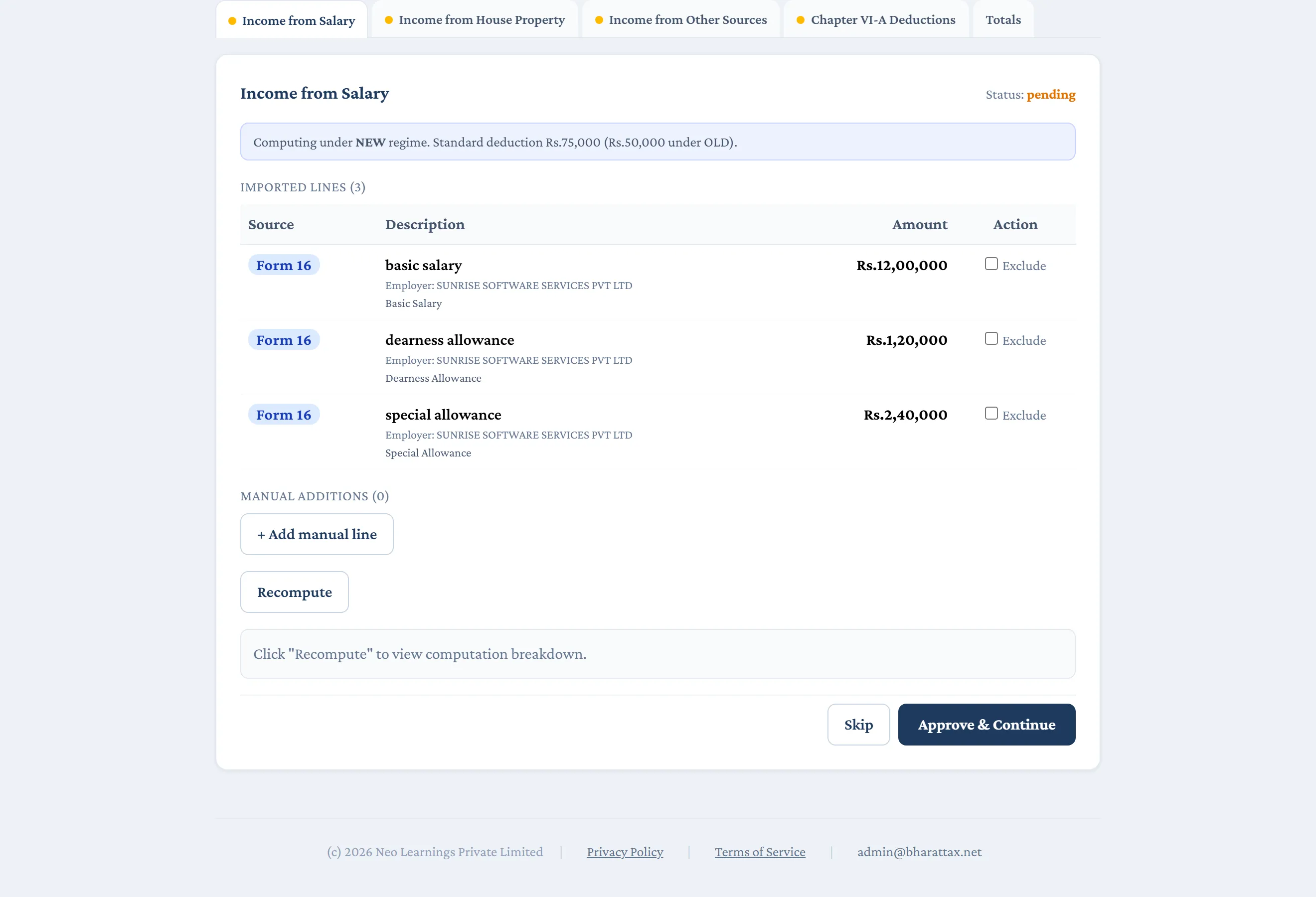 The salary head of the review wizard, with each imported line tagged Form 16 and an option to exclude it.